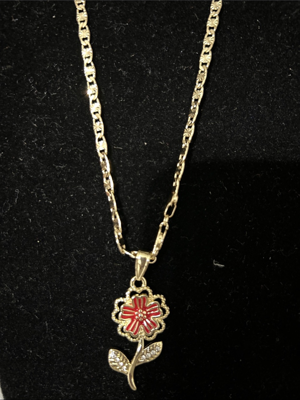 Gold-Tone Red Flower Pendant Necklace with Crystal Leaves